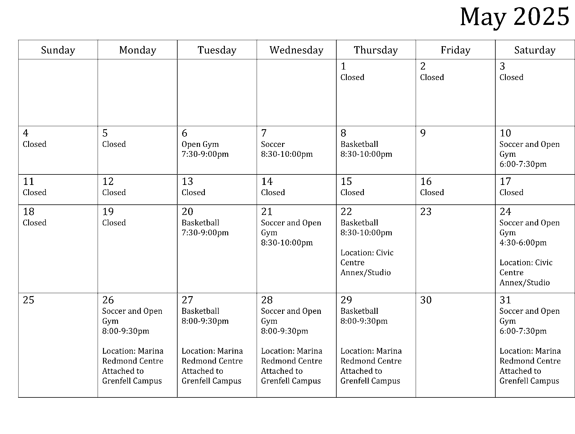 May 2025 Recreation Schedule2